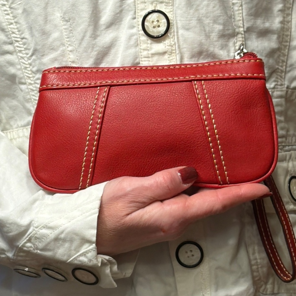 Genuine Leather Minimalist Red Wristlet Clutch – Slim Zip Pouch (EUC)